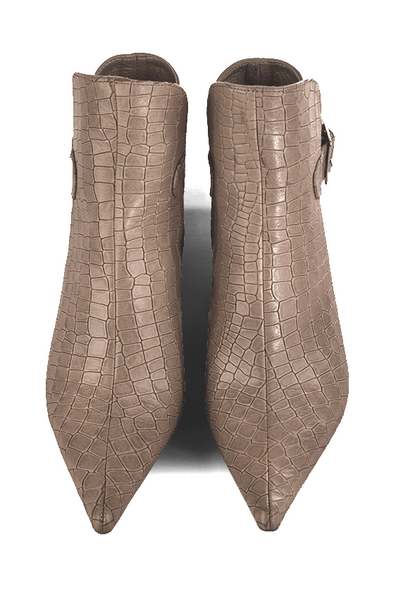 Bronze beige women's ankle boots with buckles at the back. Pointed toe. Medium block heels. Top view - Florence KOOIJMAN